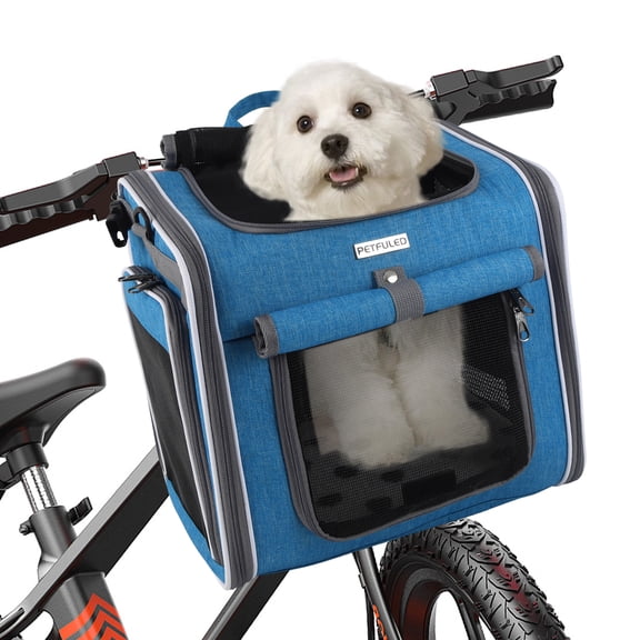 Dog Bike Basket, Soft Sided Ventilated Pet Dog Bike Carrier Backpack for Bicycle Handlebars, Expandable Soft Sided Pet Carrier Backpack with 4 Open Doors and 4 Mesh Windows for Small Dogs