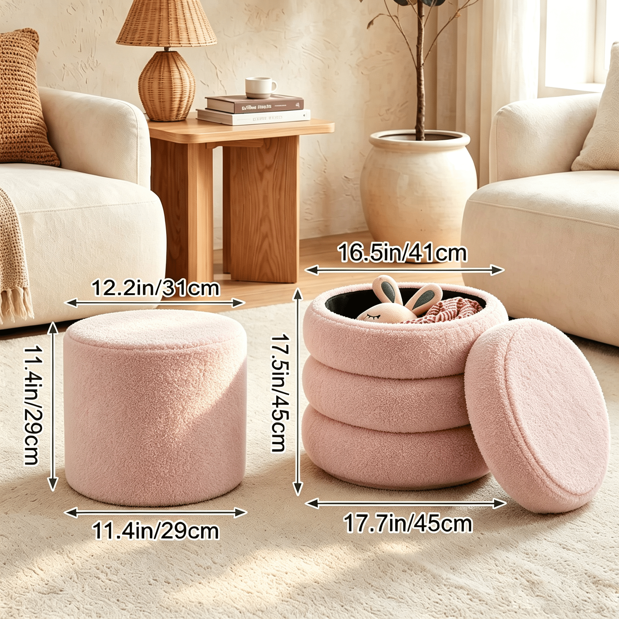 Round Ottoman 16.5 Inch, Storage Stool with Removable Lid for Living Room and Bedroom, Set of 2 Vanity Stools and Foot Rest, Pink