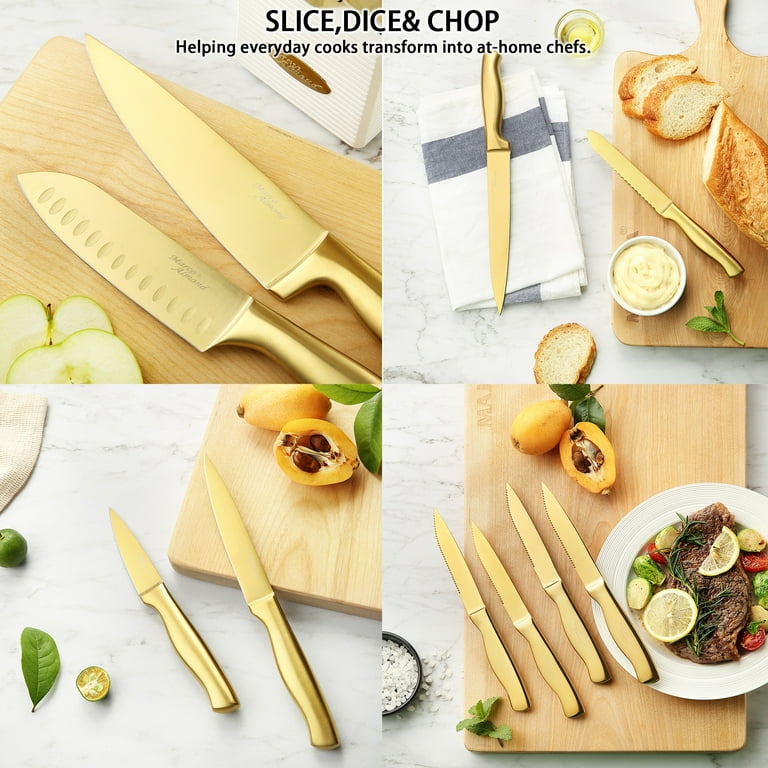 Marco Almond 14-Piece Golden Titanium Kitchen Knife Set with Block