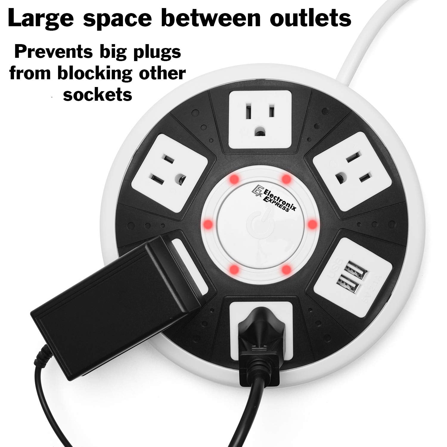 ETL Certified Round Power Strip - 5 Outlets with Surge Protection, 2 USB Charging Ports, and On/Off Button by Electronix Express