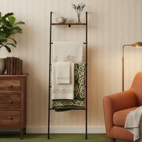 OYEAL Black Decorative 5 Layer Wall-Leaning Blanket Rack with Shelf, Metal Blanket Ladder for Living Room Bathroom