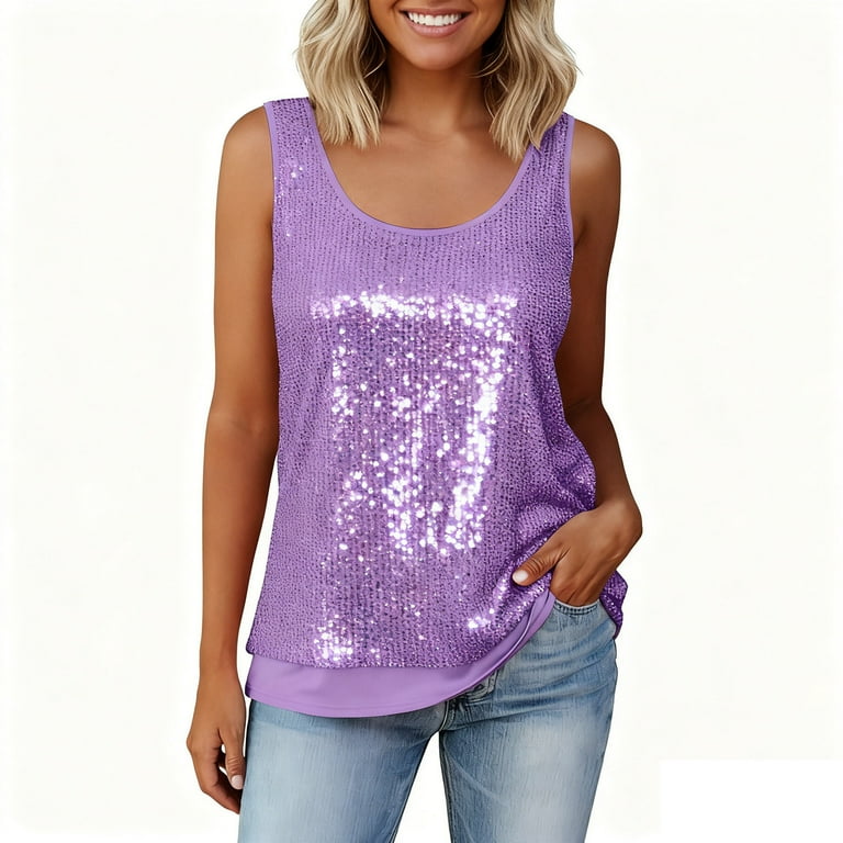 BLVB Womens Summer Fashion Sequin Tops Scoop Neck Sequin Sparkle