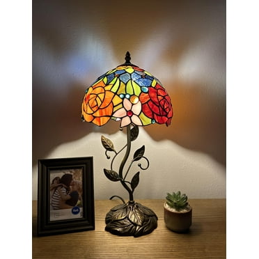 Tiffany Table Lamp Red Orange Blue Stained Glass Rose Flowers LED Bulb Included Iron Metal Leaves Bronze Base for Living Room Dining Room Bedroom Bedside 20"H*10"W