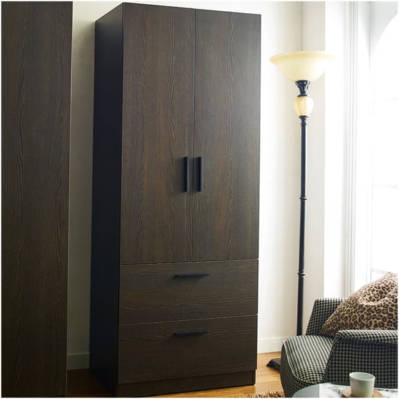 Solid Wood Wardrobe Closet, Dark Brown Finish with 2 Drawers & Hanging Space, Soft Close Doors