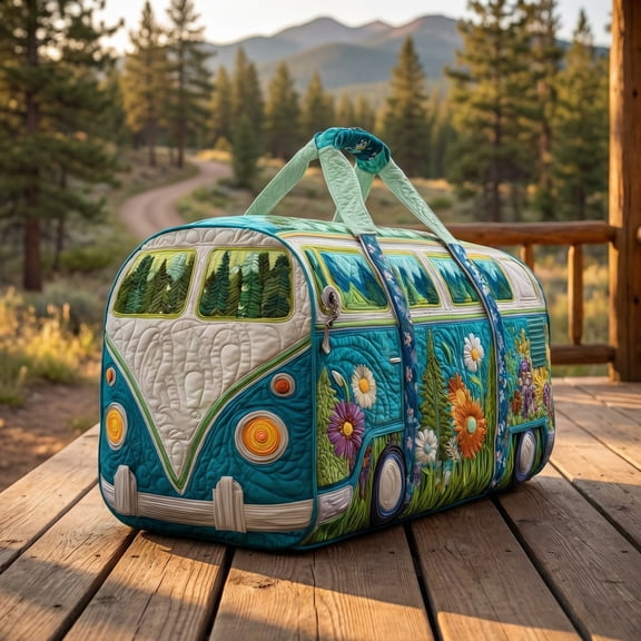 Hippie Journey Quilted Duffel Bag Vintage Floral Hippie Van Travel Duffle Bag Boho Travel Weekender Bags Overnight Luggage Bag Gym Tote (Style 8, Large (18" L x 9" W x 9" H))