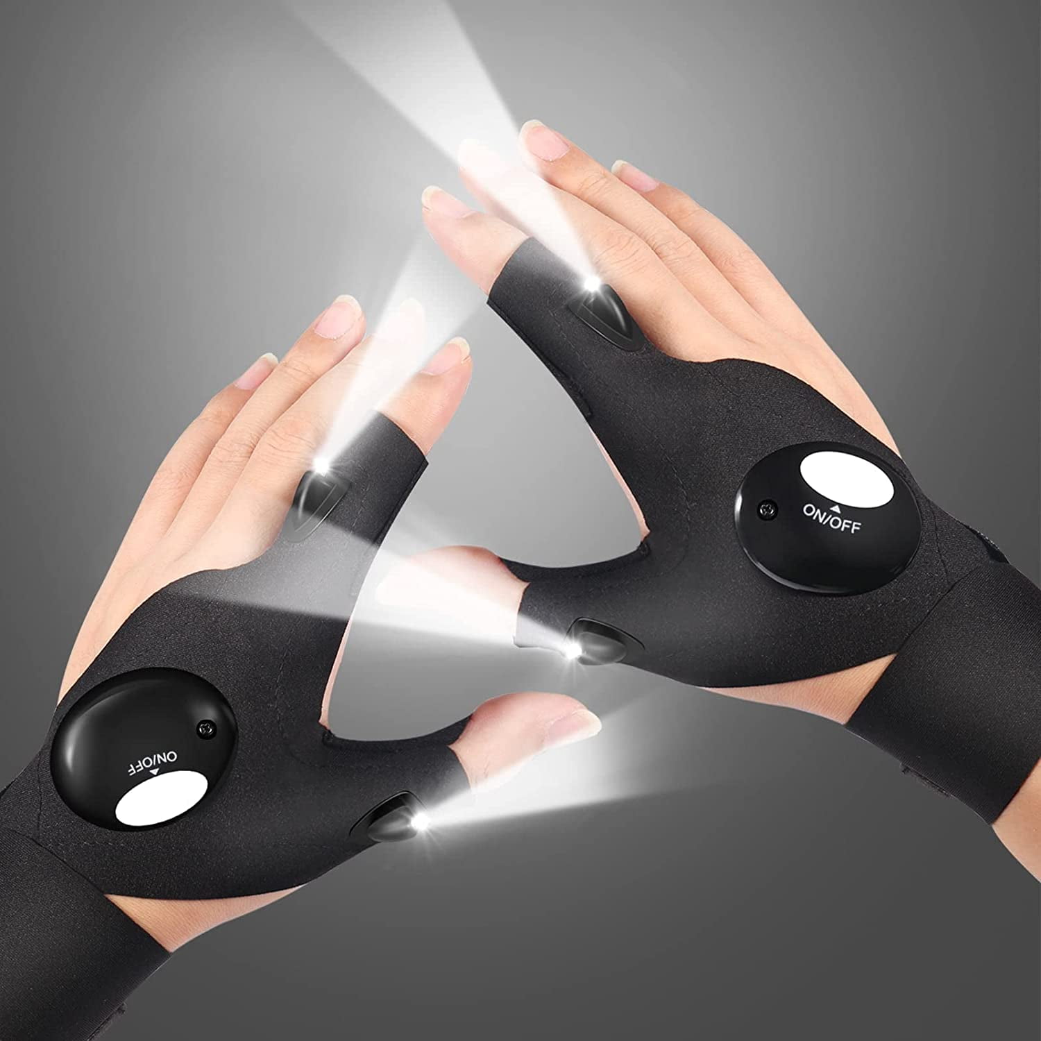 Black Right Left Hands Free Magic Strap Fingerless Glove With LED Flashlights 