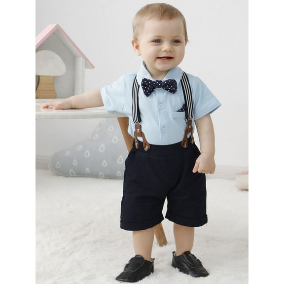 Infant Baby Boy Clothes Gentleman Outfits Suits Summer Short Sleeve Bowtie Bodysuit Shirts Suspender Shorts 3-24 Months