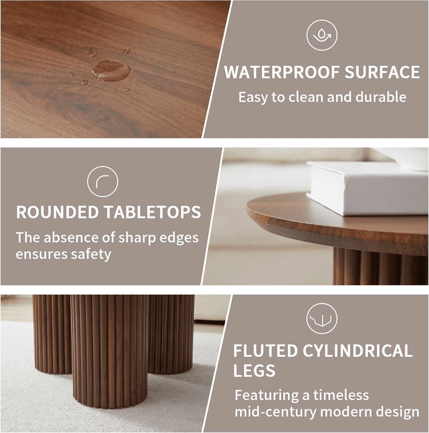 LEFHDA Fluted Round End Tables Set of 3, Mid Century Modern Wooden Coffee Table, Small Bedside Table Accent Cabinet for Living Room, Bedroom, Entryway (Walnut)