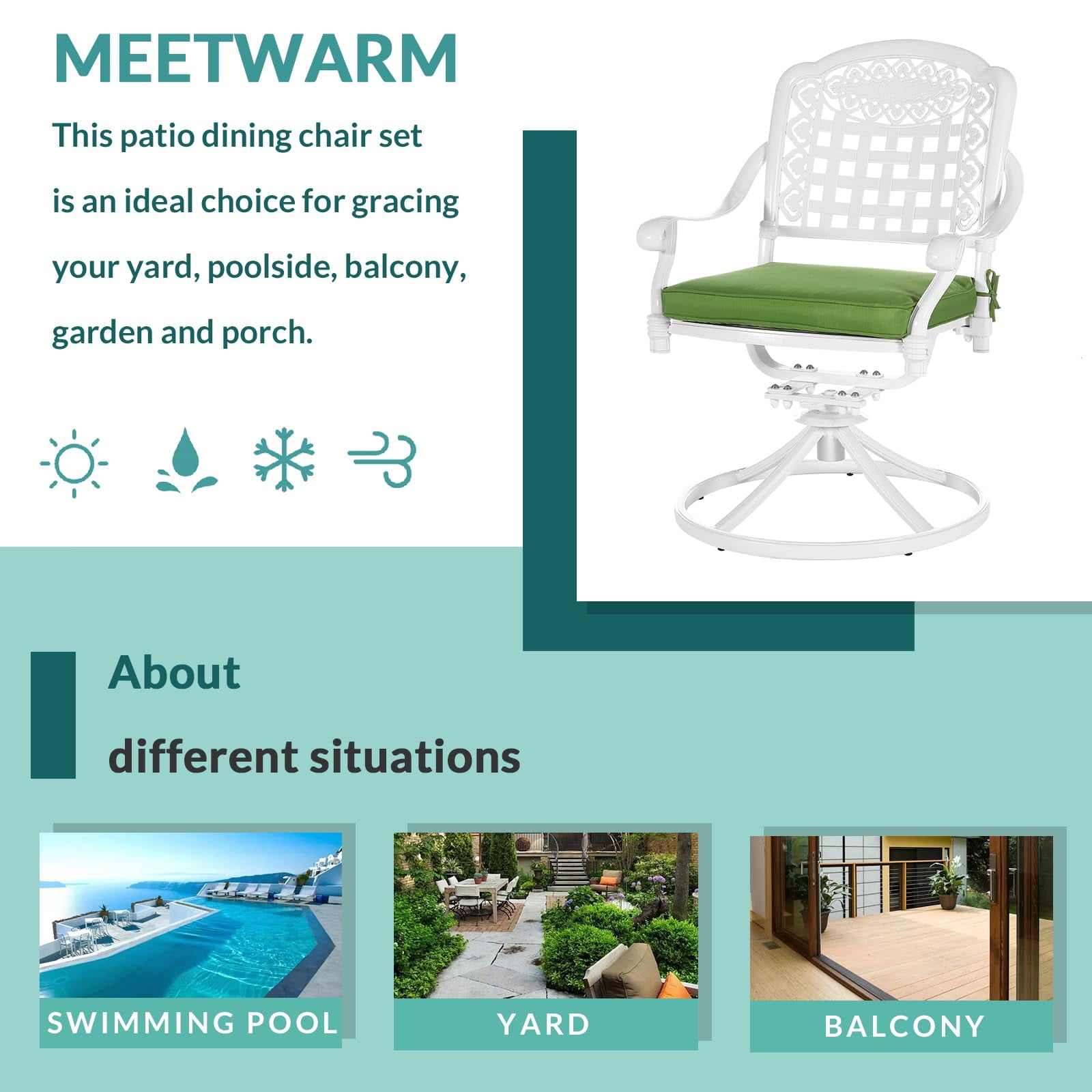 MEETWARM 2 Piece Patio Dinning Swivel Chairs Rocker, Outdoor All-Weather Cast Aluminum Chairs with Cushions, Patio Bistro Dining Chair Set for Garden Deck Backyard, White