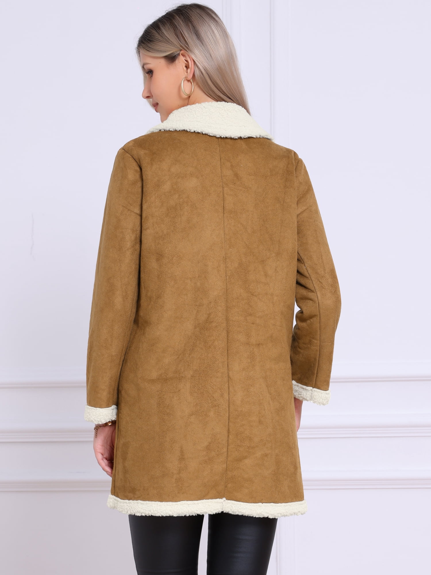 DARING DIVA Women's Faux Suede Coat Double Breasted Warm Teddy Jacket M Brown