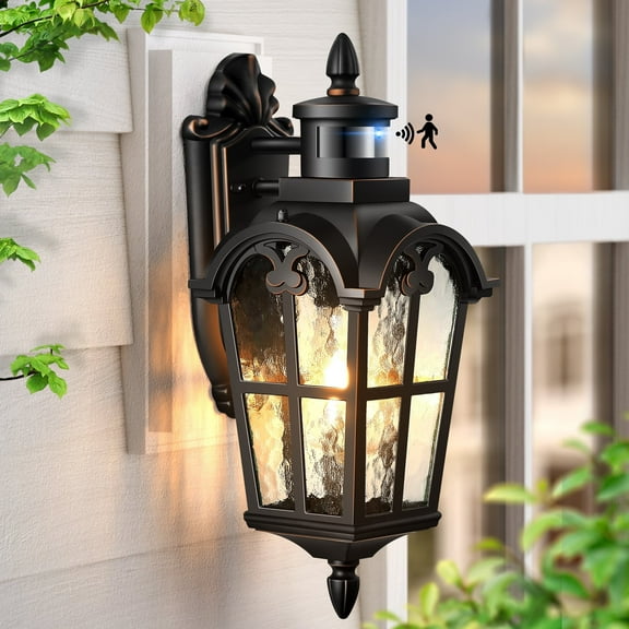 VIANIS Motion Sensor Outdoor Light for House, 16.4" H Black Porch Light Outside with Gold Trim, Waterproof Dusk to Dawn Outdoor Wall Lantern for Garden, Patio