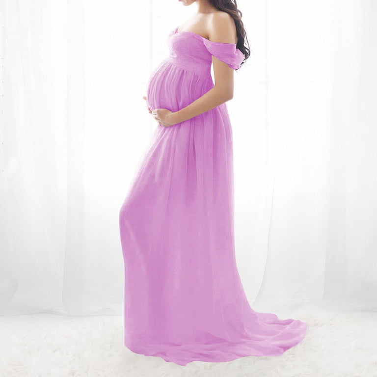 qolati Women Off Shoulder Maternity Dress for Photography Mermaid Slit Chiffon  Gown Flowy Maternity Gown Baby Shower Maxi Photo Props Dress Purple S 4 -  Walmart.com