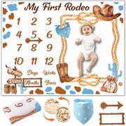 KABOER Baby Milestone Blanket Set, 51.2" x 39.4" Western Cowboy Monthly Photo Blanket With Bib ID Tag Felt Markers, Soft Flannel Baby Shower Gift For Boys