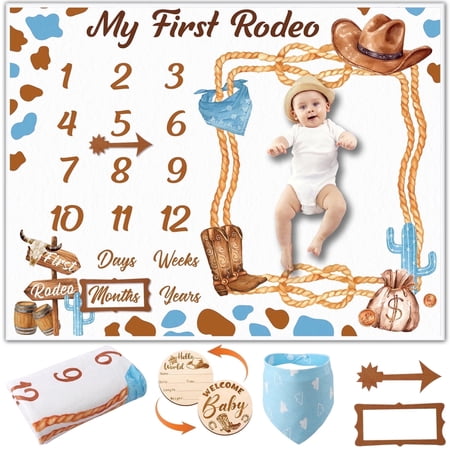 KABOER Baby Milestone Blanket Set, 51.2" x 39.4" Western Cowboy Monthly Photo Blanket With Bib ID Tag Felt Markers, Soft Flannel Baby Shower Gift For Boys