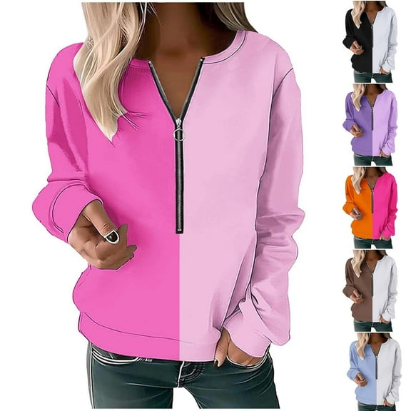 ATOYSOY Women's Half Zipper Sweatshirts Outwear Loose Tops Color Block Pullover Workout Retro Long Sleeve Tees Fall Winter Fashion Casual Shirts Black L