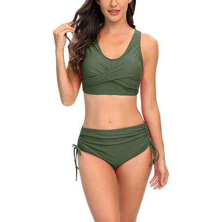 Lqideymx High Waisted Thong Bikini Sets for Women Plus Size Women Two Piece Vintage Swimsuit Retro Halter Ruched High Waist Bikini with Bottom Gifts for Women Clearance Store