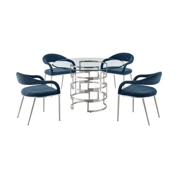 Diaz Morgan 5 Piece Round Glass Dining Table Set with Blue Fabric