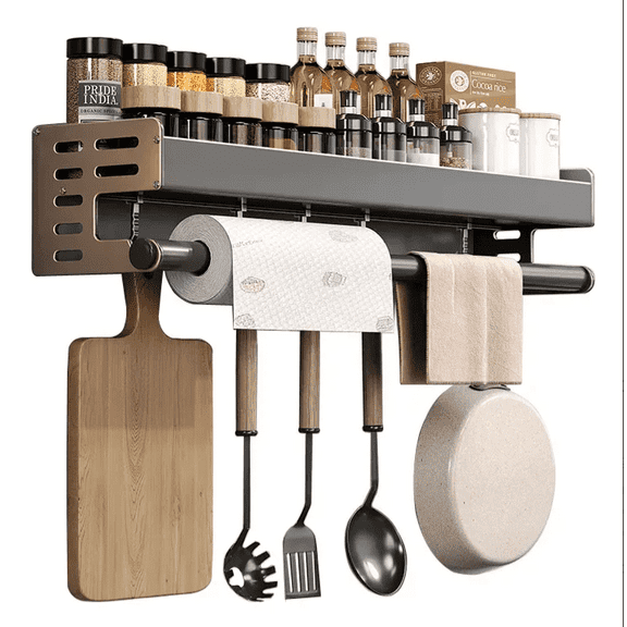 Mnplciea  Spice Rack Wall Mount with Paper Towel Holder and Hooks,  Hanging Spice Organizer for Seasonings, for Kitchen, Balcony, Bathroom, Laundry Room