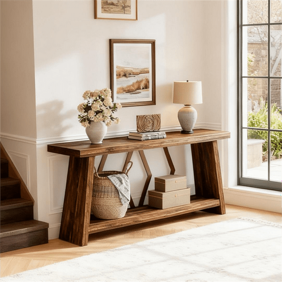 Fnova 70.86" Farmhouse Console Table for Entryway, 2-Tier Storage Long Narrow Wood Entryway Table, Metal Frame, Easy Assembly, Dark Brown