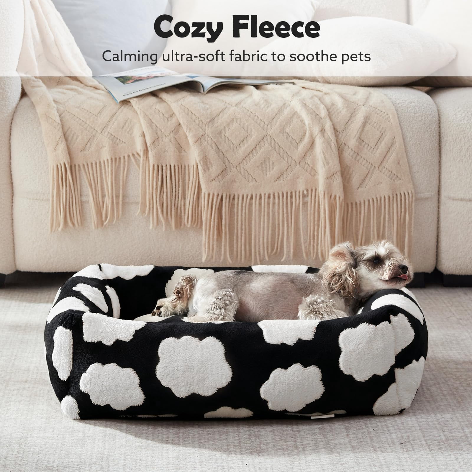 Small Dog Bed Rectangle Washable Orthopedic with Removable Zipper Cover Cozy Clouds Black-S Plus 25"x21"x7"