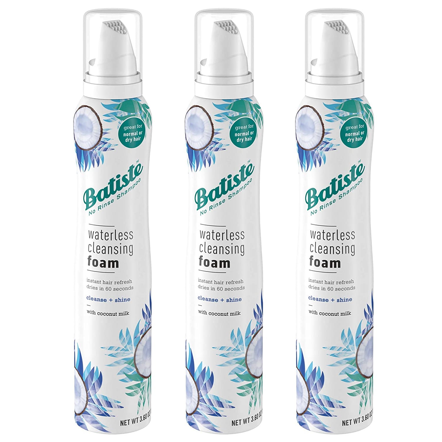 Pack of (3) Batiste Waterless Cleansing Foam Cleanse + Shine with Coconut Milk, 3.6 OZ