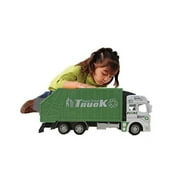 toy cubby 7.5 inch realistic garbage recycling truck with attached trash can - openable trash pullback action green & white vehicle.