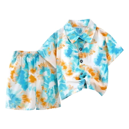 Leey-World Boys Hawaiian Outfit 2Pcs Set Summer Beach Button-Down Shirt Top + Shorts for Kids 2-10 Years(Blue 18-24 Months)