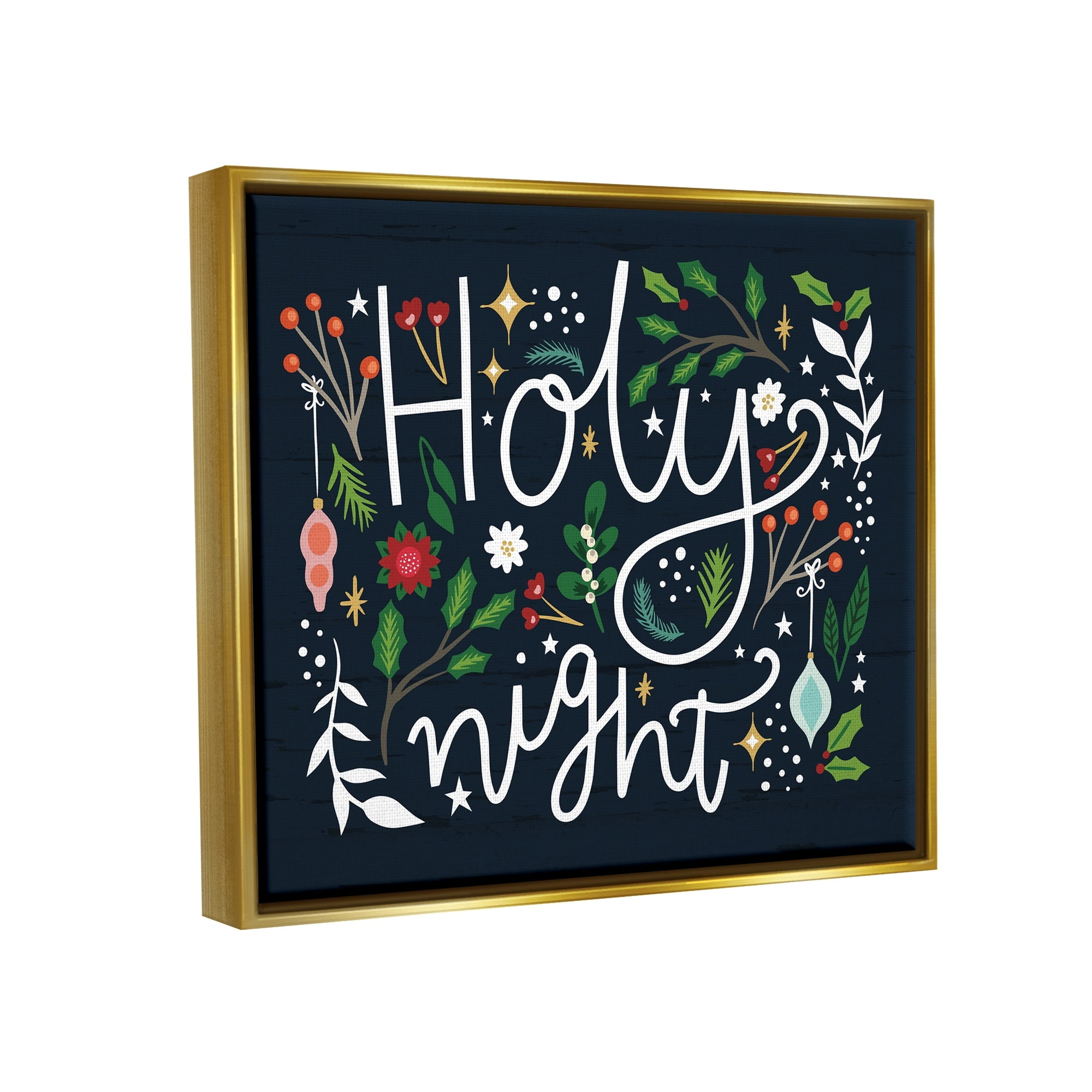Stupell Industries Holy Night Modern Calligraphy Holiday Winter Botanicals Graphic Art Metallic Gold Floating Framed Canvas Print Wall Art, Design by Louise Allen