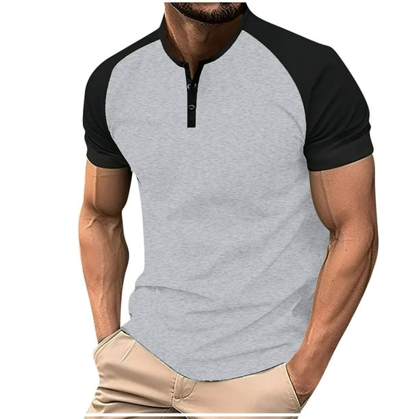 Camisetas de Cuello en V de los Hombres Verano Casual Color Bloqueado Botón Cuello en V Camiseta Deportiva de Manga Corta, 75% Poliéster 20% Rayón 5% Spandex