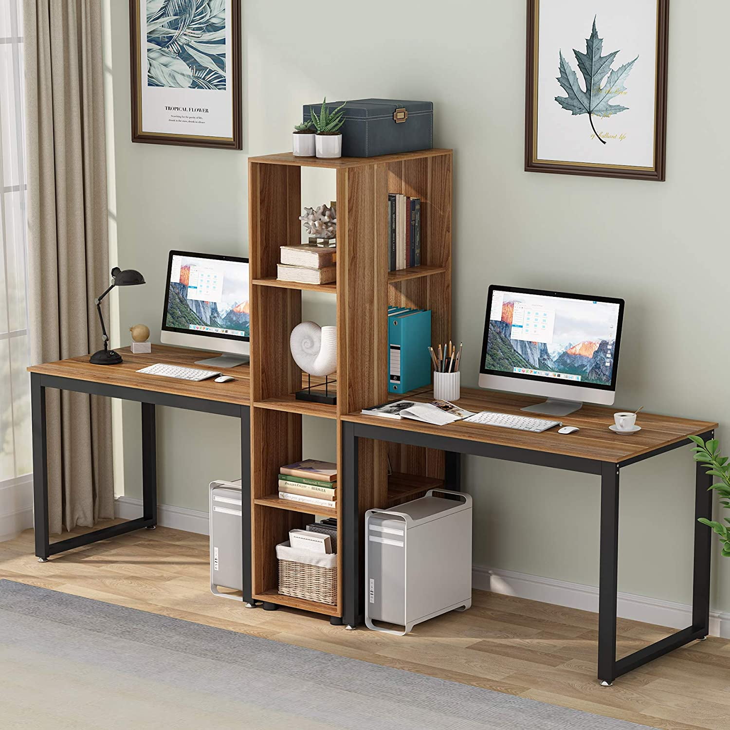 Tribesigns Double Computer Desk with Bookshelf, Extra Long ...