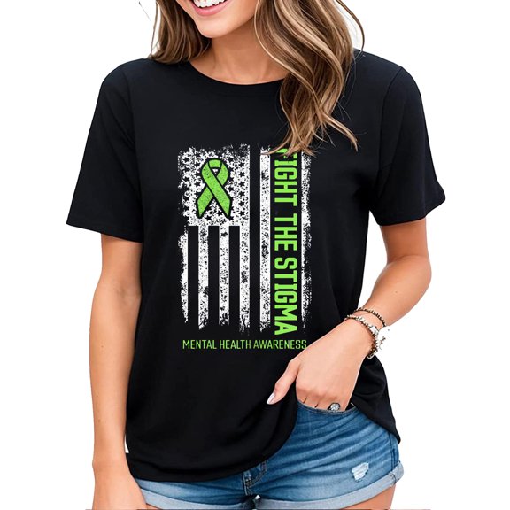Womens Mental Health Awareness T-Shirt Fight the Stigma Mental Health Casual Short Sleeve Tops Black Small