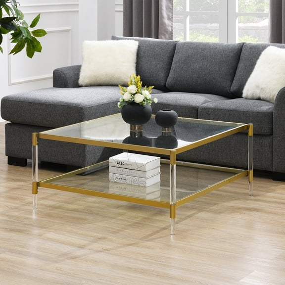 Royal Crest Two-Tier Acrylic Clear Glass Square Coffee Table in Gold Chrome