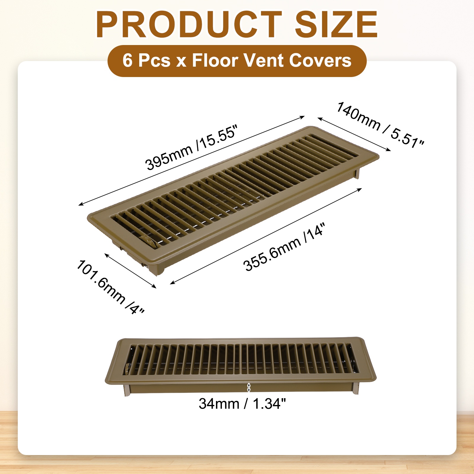 4x14 Inch Floor Vent Covers, Floor Registers Metal Walkable Air Vent Covers Easy Adjustable Air Supply Lever, Brown 6 Pcs