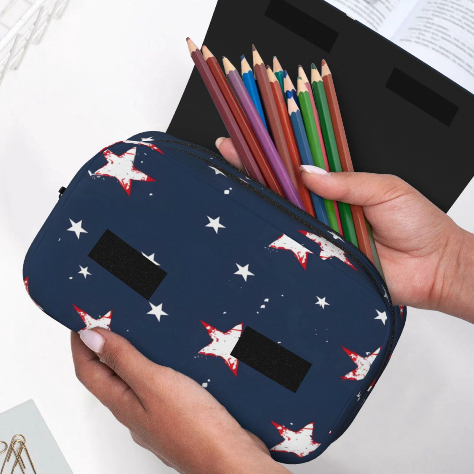 Large-Capacity Flip-Top Double-Layer Pencil Case, Multi-Functional Pocket Pen Case, Durable Stationery Organizer Independence Day Theme Star (12)