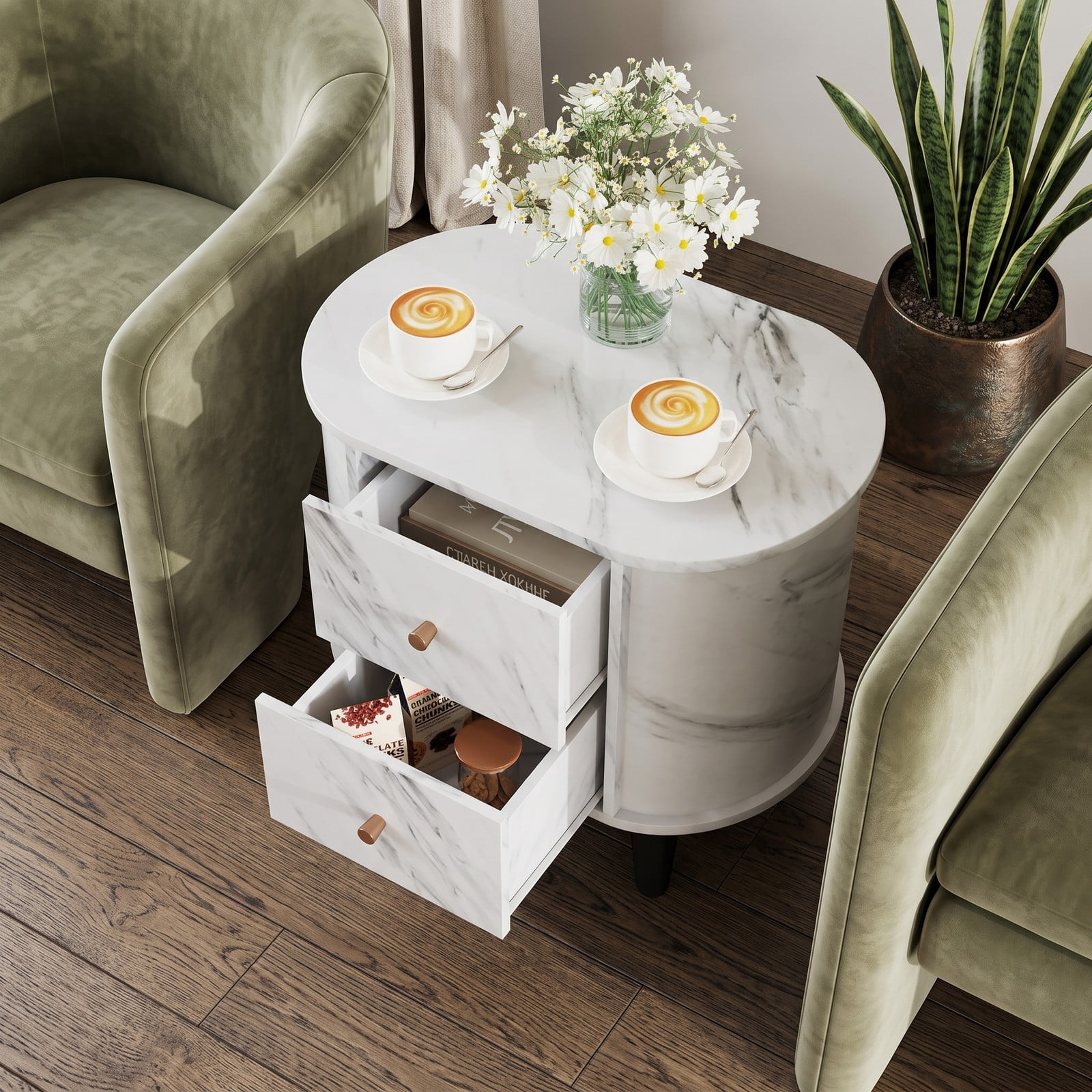 Furnibear 2 Drawer Nightstand Modern Faux Marble Bedside Table with Storage for Bedside Organization in the Bedroom and Living Room, White
