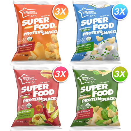 Awsum Organics SUPERFOOD Protein Snacks | Healthy Crunchy Puffed Snack | Plant-Based Protein Puffs | USDA Organic | Kosher | Non GMO | Gluten Free | No Added Sugar (Variety, 12 packs)