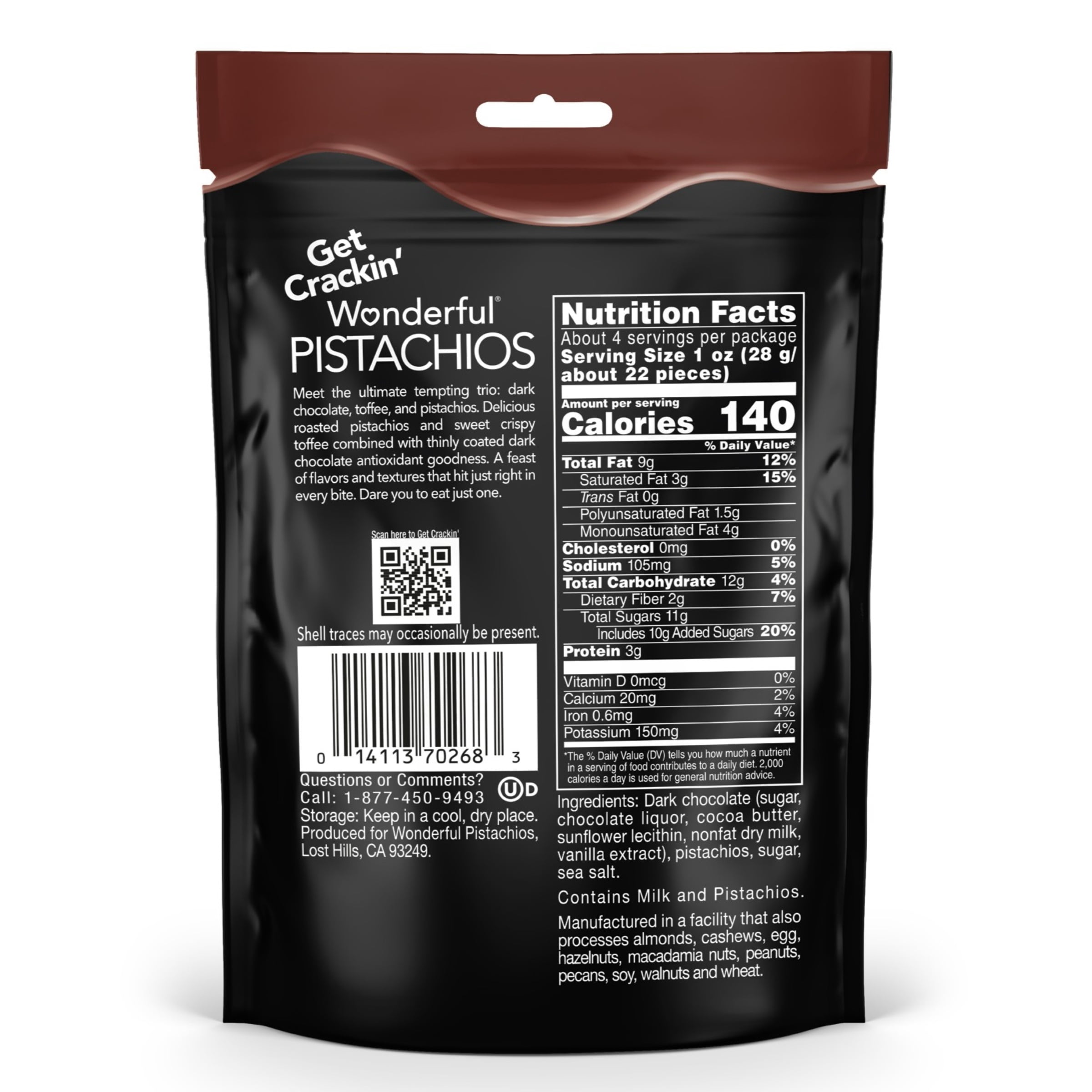 Wonderful Pistachios Chocolate Toffee, 4 Ounce Resealable Bag