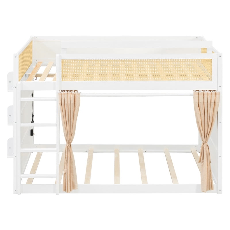 Full-Over-Full Bunk Bed with Bedside 3-Tier Storage Bookshelf, Teens/Kids Rattan Guardrail Bed Frame with Curtain & Light
