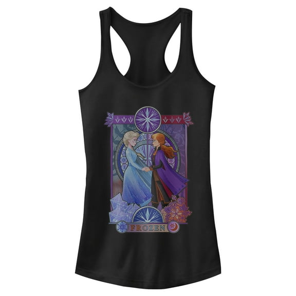 Junior's Frozen 2 Sister Stained Glass Racerback Tank Top Black Small