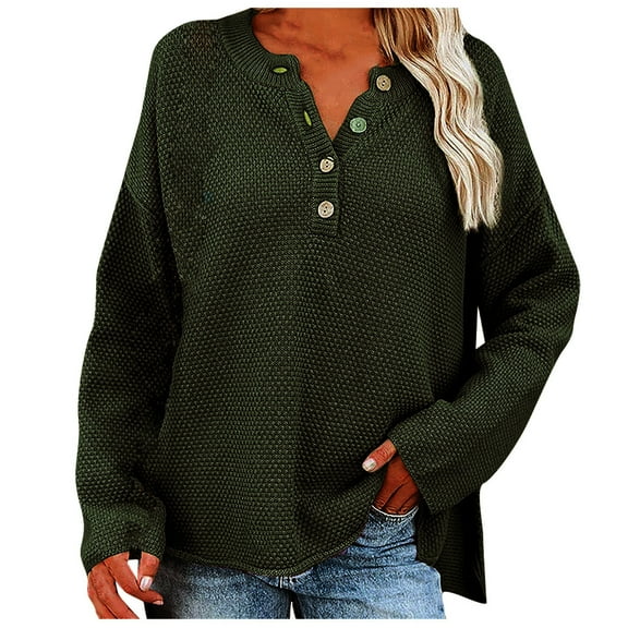 EQWLJWE Women's Batwing Sleeve Long Sleeve V Neck Button Knit Casual Jumper Tops
