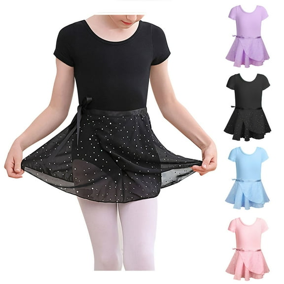 Eltusu Girls Ballet Dance Dress, Performance Cotton Short Sleeve Practice Leotard Skirts Black Size 2-13 T