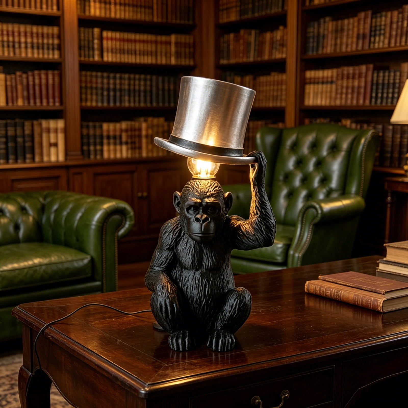 Monkey Table Lamp with Top Hat, Resin Table Lamp for Bedroom Office Novelty Bedside Light, Fun Lamps Livingroom Decor, Creative Desk Lighting Fixture, Monkey Light Whimsical Design Gift for Friends