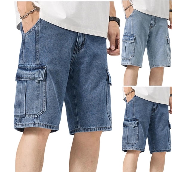 DDAPJ pyju Mens Jean Shorts Baggy Casual Cargo Shorts Knee Length Denim Shorts with Multi Pockets Dark Blue M