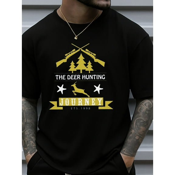 Deer Hunting Journey Christmas funny t shirts t-shirt mens 180G 100% Cotton black Daily and weekend wear Spring and summer outdoor wear New spring and autumn trendy printed T-shirts Christmas crew e