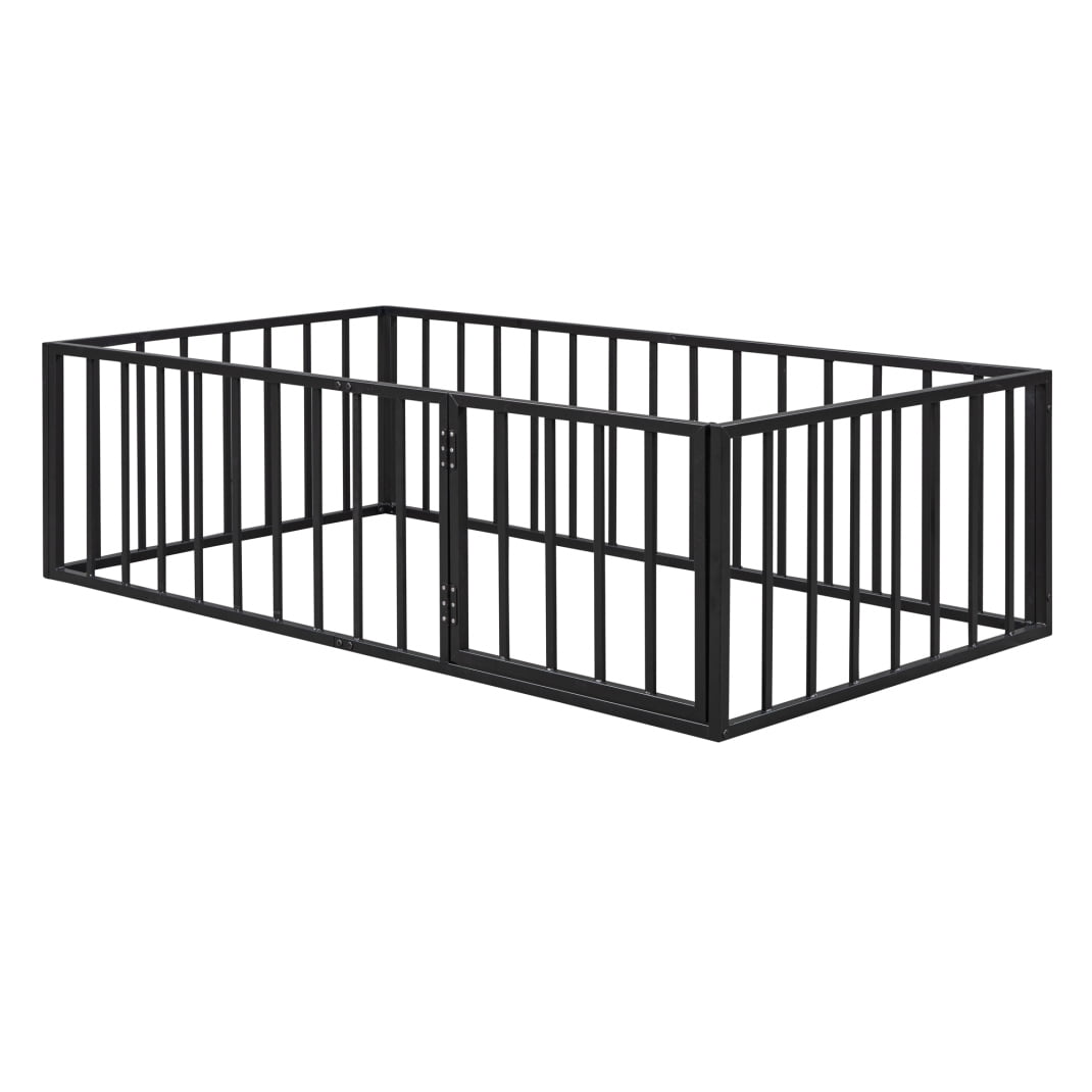 Twin Floor Bed Frame, Montessori Floor Bed with Full-Length Guardrails and Door, No Slats Supports, Black, 77"×41.1"×21.7"H