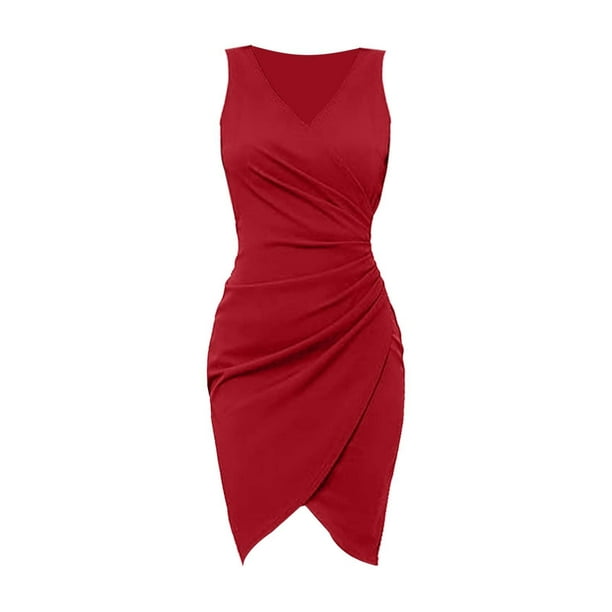 Vestido sexy de fiesta sin mangas con cuello en V, plisado y color liso para mujer