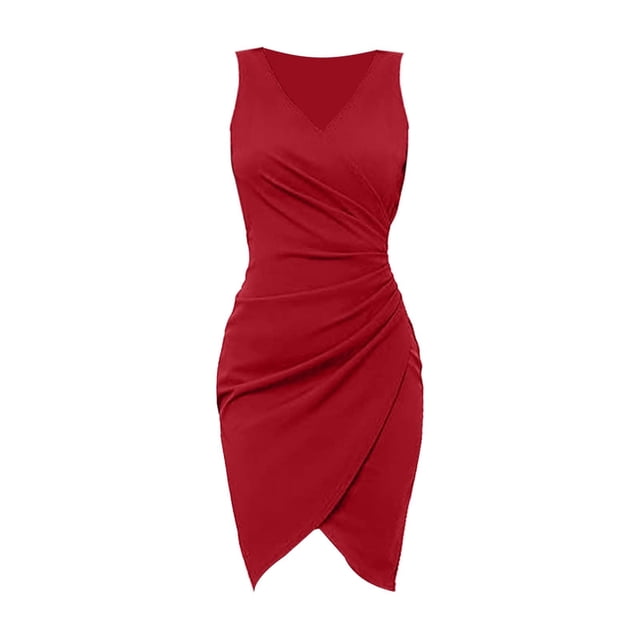Vestido sexy de fiesta sin mangas con cuello en V, plisado y color liso para mujer