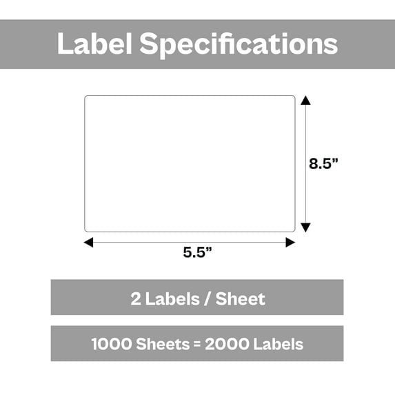 MMBM 2-Up Half Page Labels, 1000 Pages, White, 8.5 x 5.5 Inch, Address and All Purpose Sticker Labels for Laser or Inkjet Printers