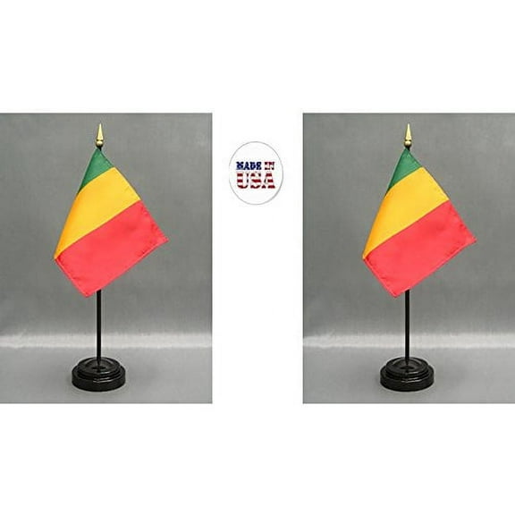 Made in The USA. 2 Mali Rayon 4"x6" Miniature Office Desk & Little Hand Waving Table Flags Includes 2 Flag Stands & 2 Small Mini Malian Stick Flags