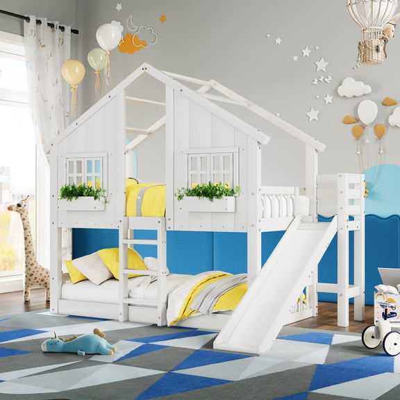 VanAcc Twin Over Twin House Bunk Bed with Slide and Ladder, Solid Wood Frame, Window Box Shelf, 14" Guardrail, White